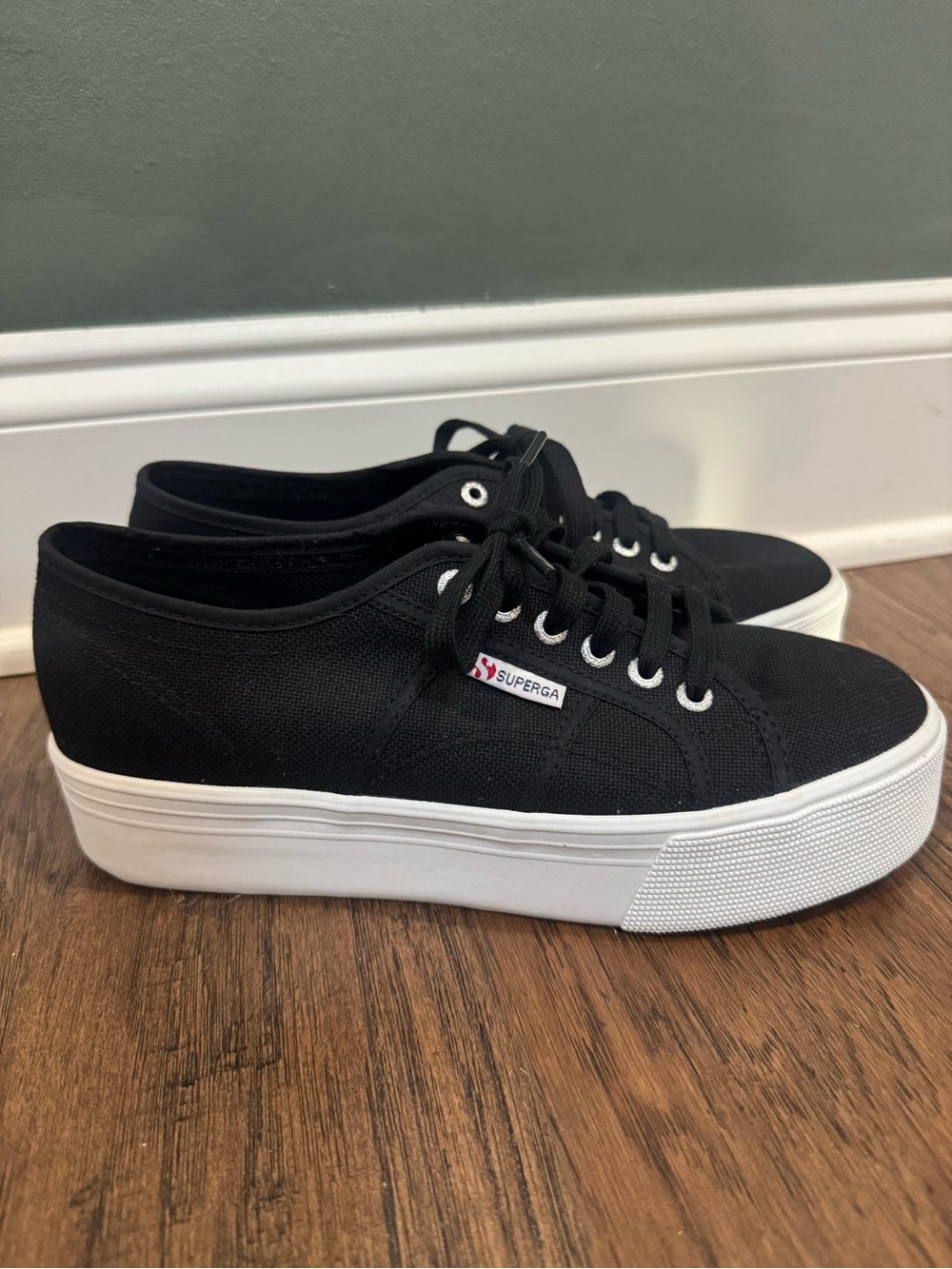 Superga Black Canvas Platform Sneakers with White Sole